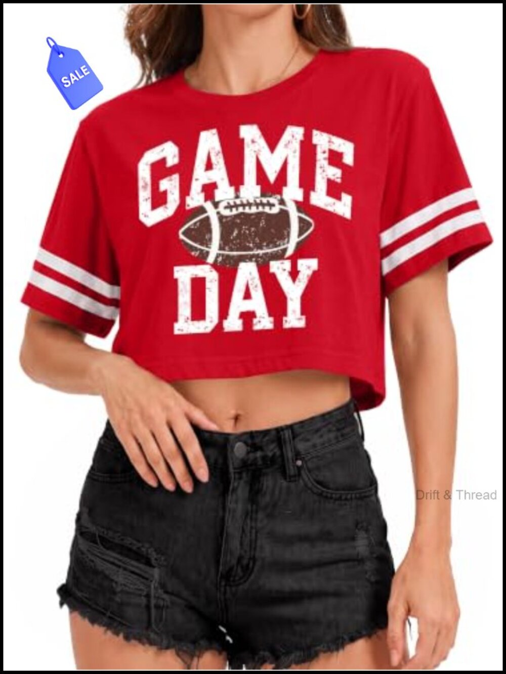 Football Graphic Crop Top Crew Neck Short Sleeve Cotton Blend Tee